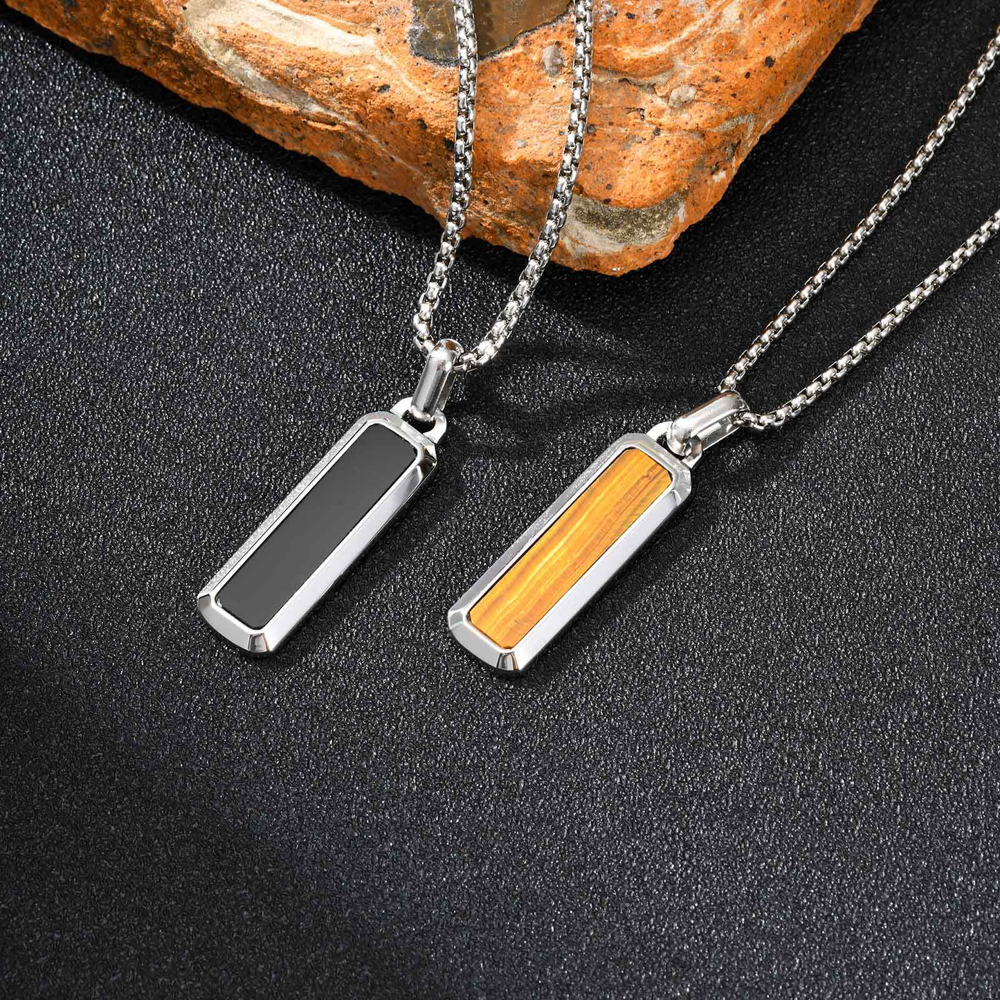 Kemstone Tiger Eye Pendant Necklace for Men – Stainless Steel Bar Necklace PN-2226