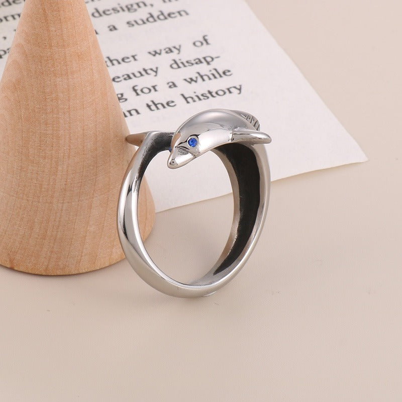 Kemstone Dolphin Ring for Men Titanium Steel Blue Eye Ocean Design KR104181-BDJX
