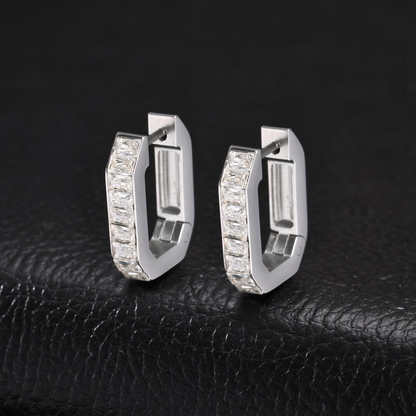 Kemstone Octagon Hoop Earrings for Men Stainless Steel Black Silver EH-802