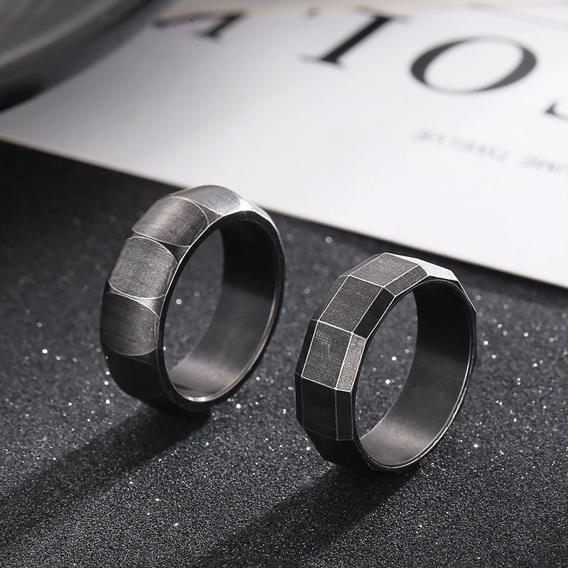 Kemstone Matte Black Gothic Ring – Titanium Steel Geometric Band for Men | Dark Vintage Street Style KR100827-KFC