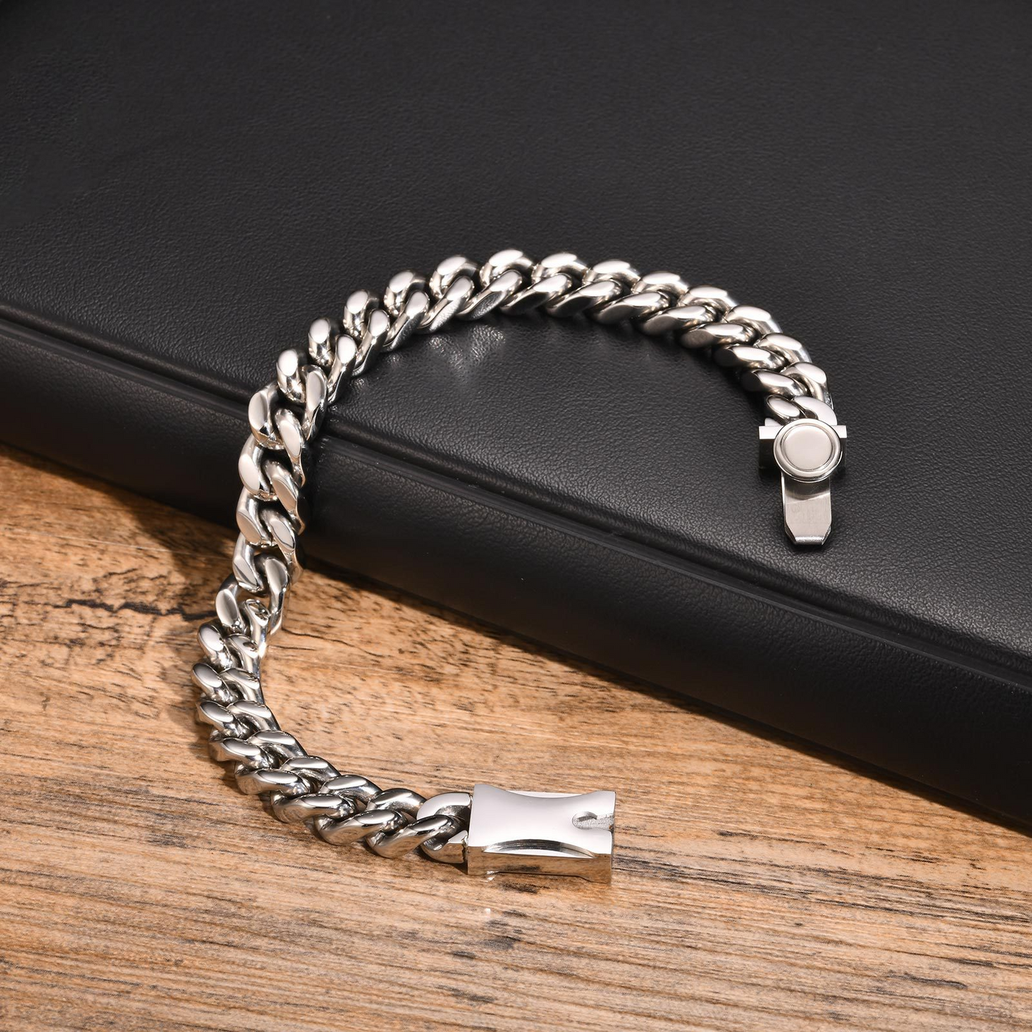 Kemstone Stainless Steel Cuban Link Bracelet for Men Button Clasp Silver BR-2141S