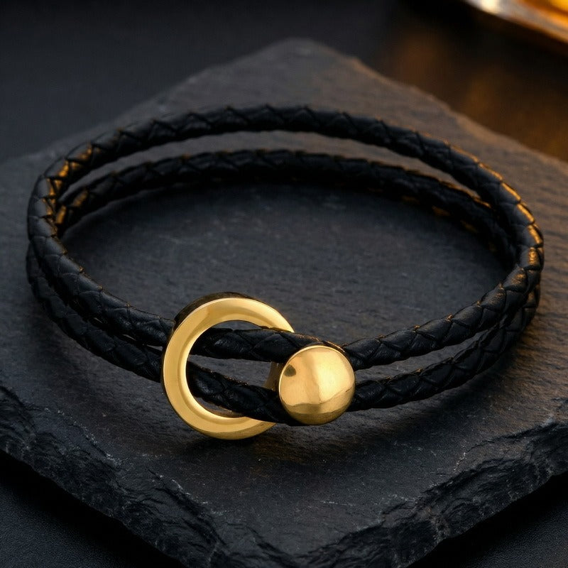 Kemstone Double Wrap Leather Bracelet for Men Titanium Steel Circle Clasp KB213788-GC