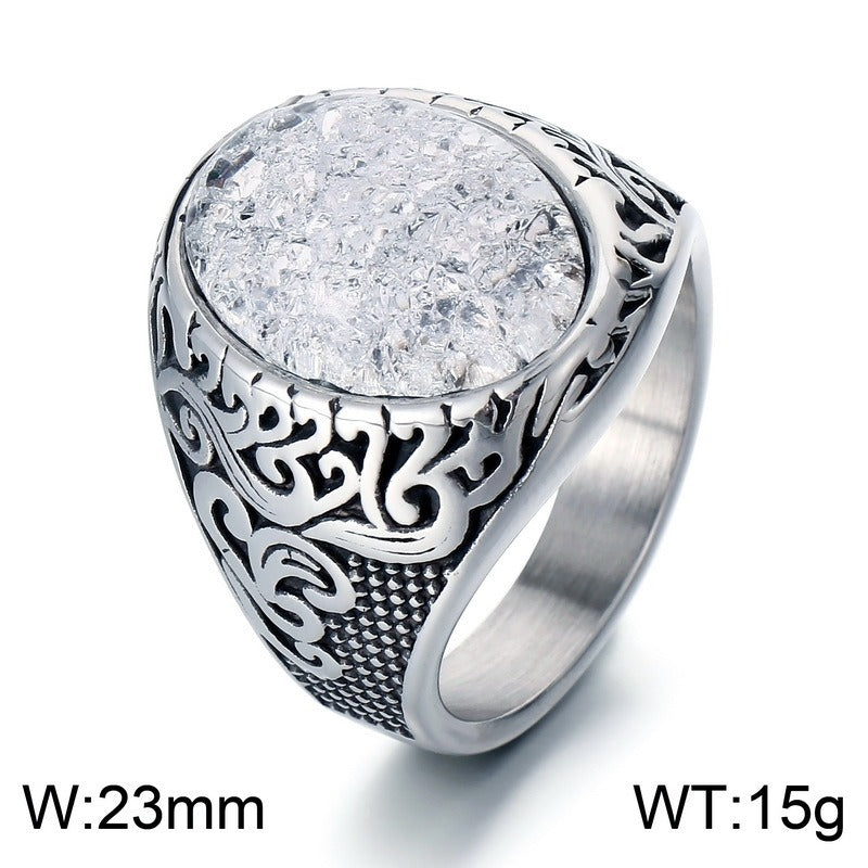 Kemstone Viking Rune Ring – Cracked Stone Titanium Steel Band for Men, Norse Mythology Gothic Style KR110138