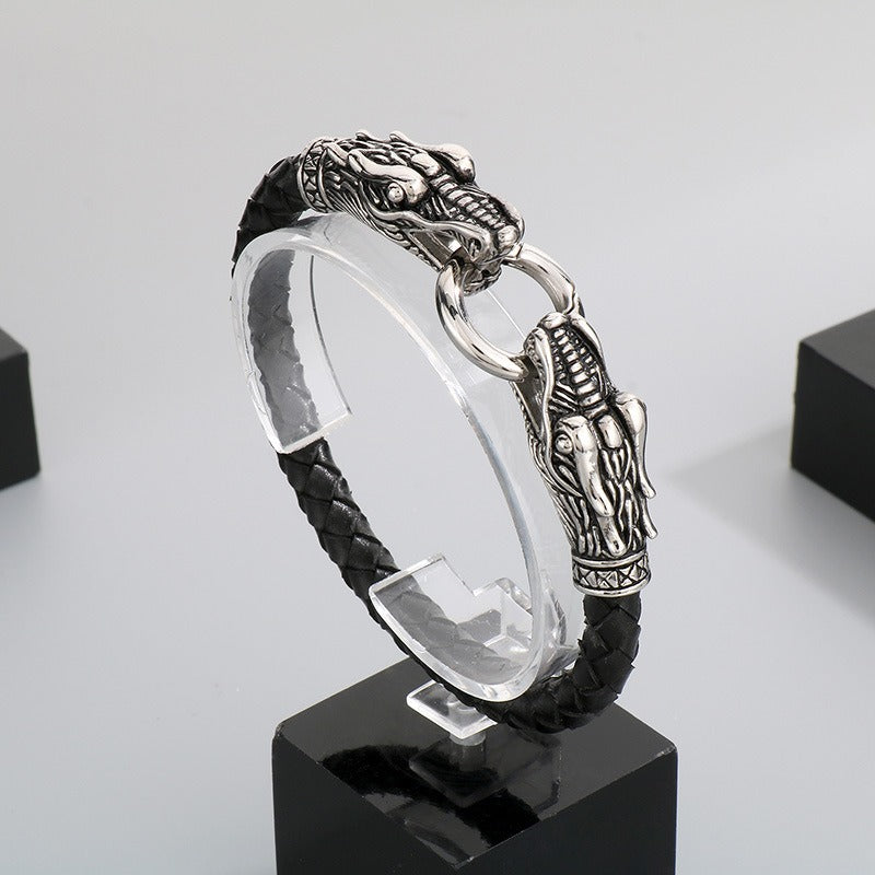 Kemstone Titanium Steel Leather Bracelet for Men Vintage Dragon Tiger Anchor Clasp KB87977-BD