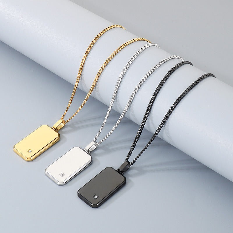 Kemstone Titanium Steel Tag Pendant Necklace for Men Minimalist Rectangular Cubic Zirconia KN301519-KFC