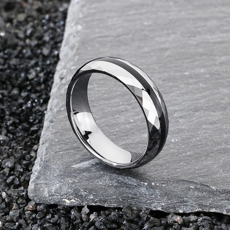 Kemstone Tungsten Steel Ring for Men & Women – Ceramic Inlay / Faceted Black Enamel Band 6mm 7mm KR114248-TS