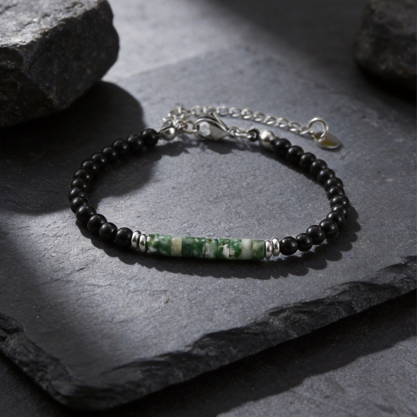 Kemstone Stone Beaded Bracelet Green Bead Adjustable Chain for Men Women BR-2925