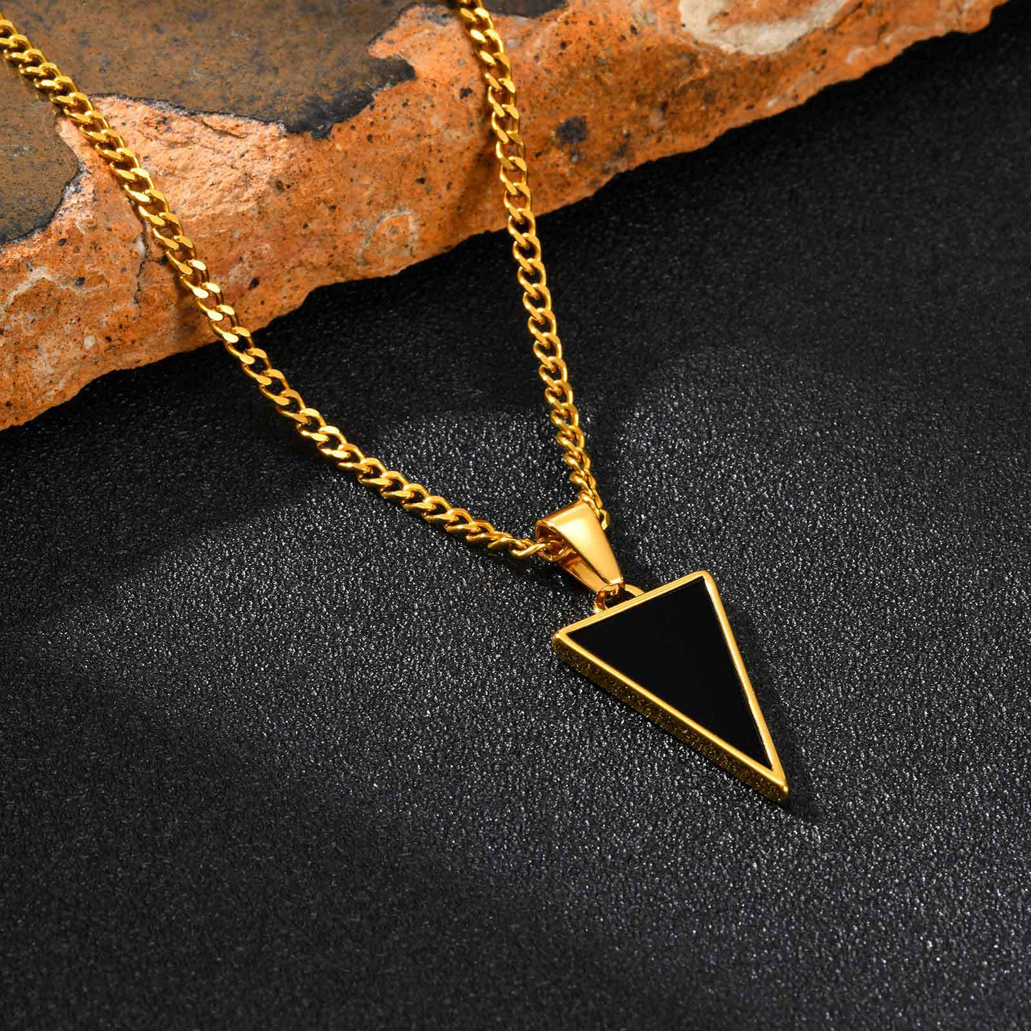 Kemstone Men’s Black Onyx Triangle Necklace – Stainless Steel Modern Pendant PN-2201