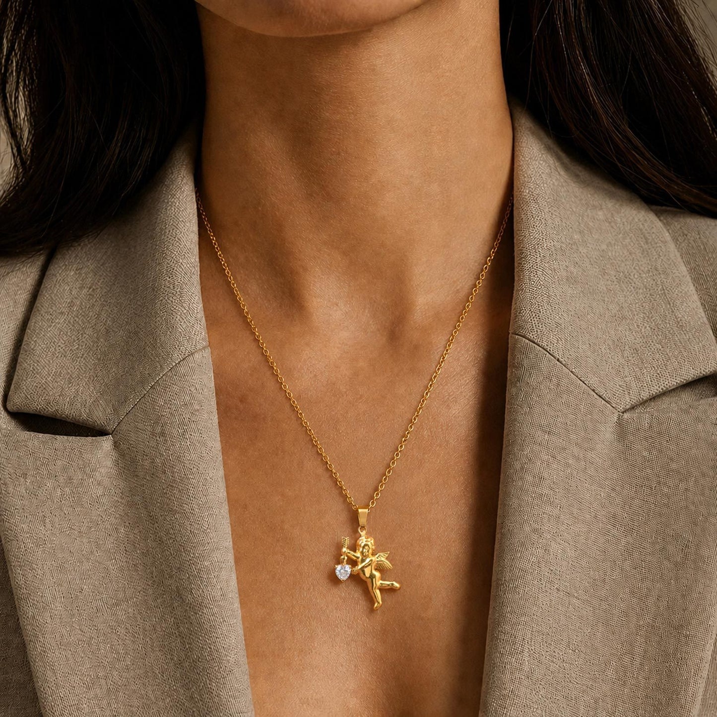 Kemstone Cupid Pendant Necklace for Men & Women Gold Plated Stainless Steel Heart Accent PN-2279