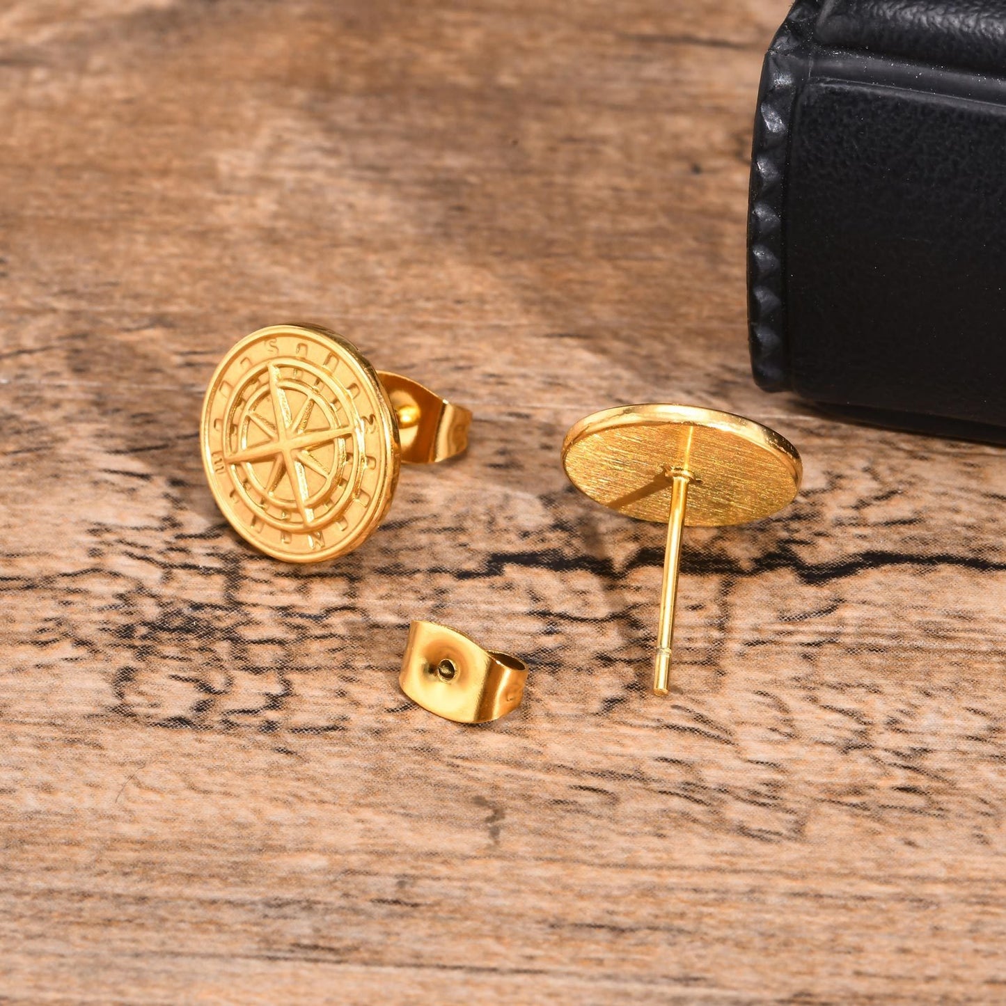 Kemstone Men’s Stainless Steel Compass Stud Earrings – Vintage Hip Hop Gold Silver Black ES-505