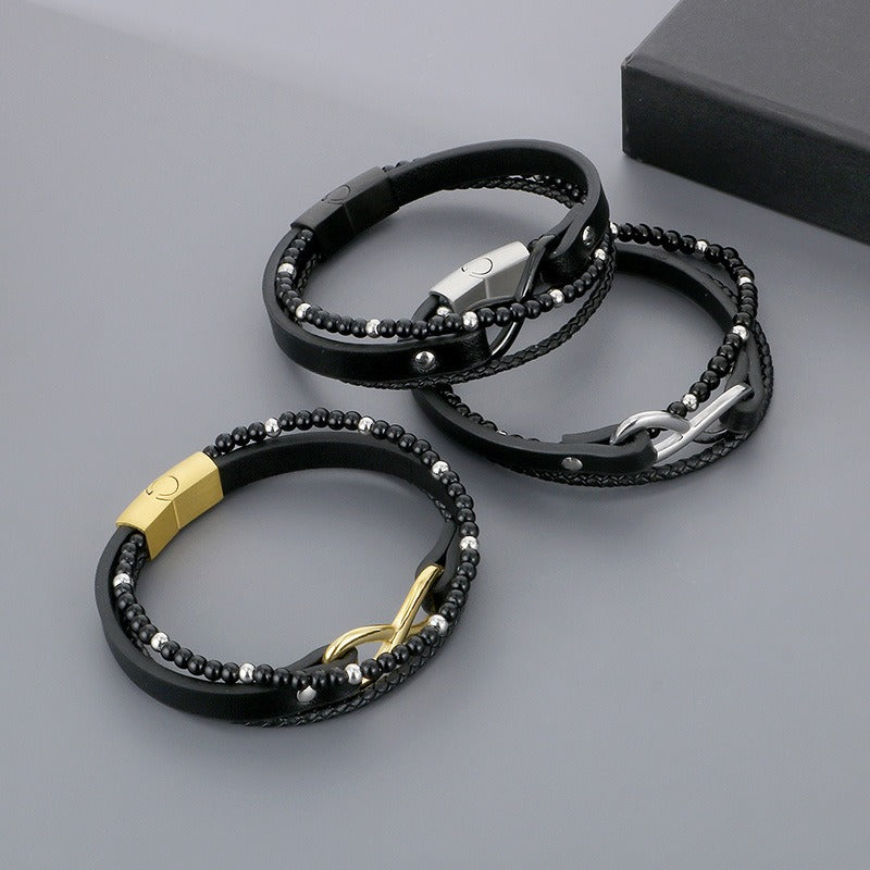 Kemstone Layered Leather Beaded Infinity Bracelet for Men Stainless Steel Clasp Wristband KB180750-JR