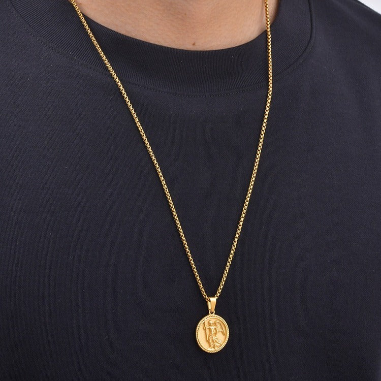 Kemston Winged Figure Medallion Necklace for Men Stainless Steel Gold Silver PN-2424