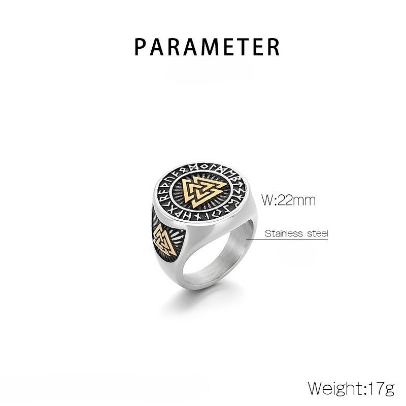 Kemstone Viking Rune Signet Ring for Men Titanium Steel Compass Celtic Knot Wide Band Silver Gold KR114478-MZOZ