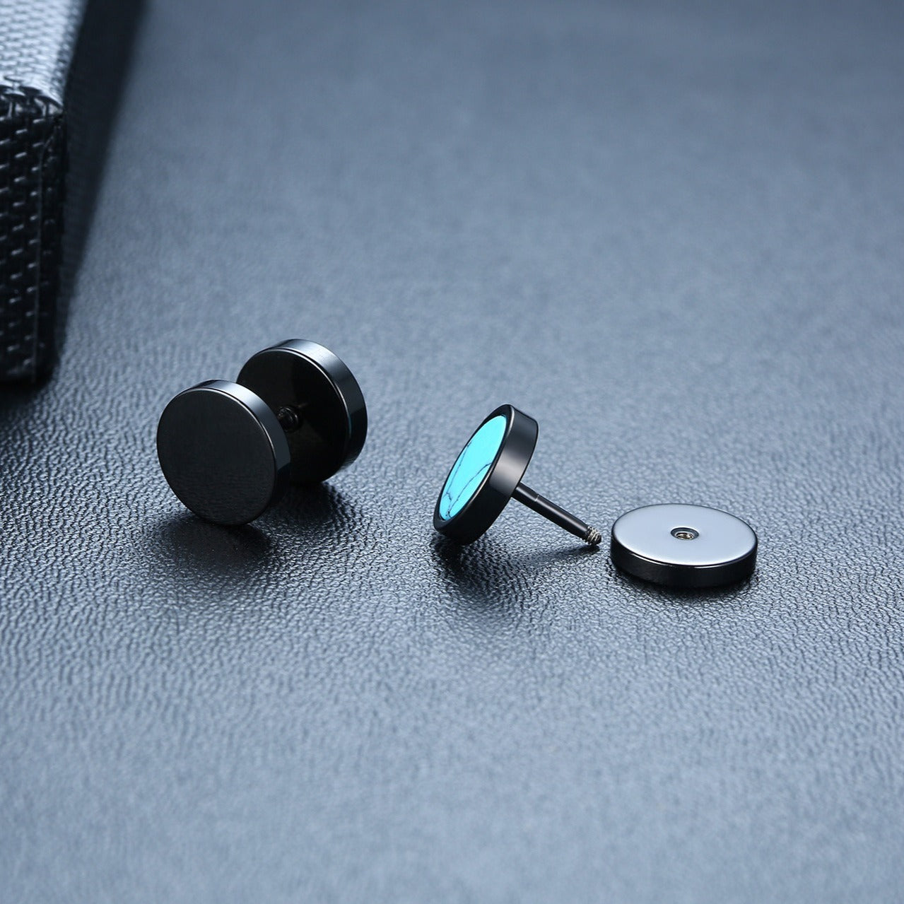 Kemstone Stud Earrings for Men Stainless Steel Round Stone Detail Black ES-302