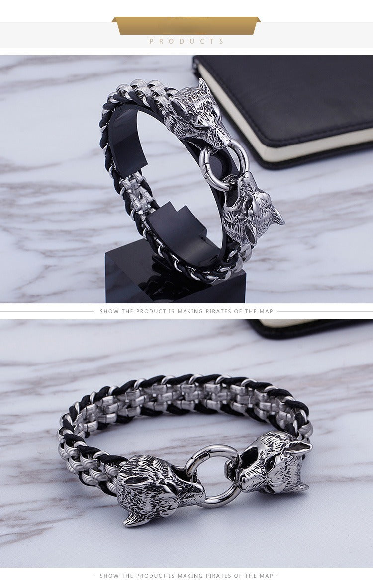 Kemstone Stainless Steel Wolf Design Ring Titanium Mesh Cuff Bracelet for Men - Punk Edge Charm Jewelry KB154970