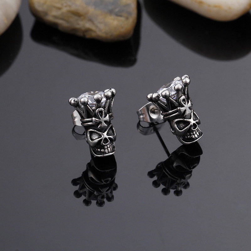 Kemstone Crowned Skull Cubic Zirconia Stud Earrings for Men – Titanium Steel Vintage Silver KE71702