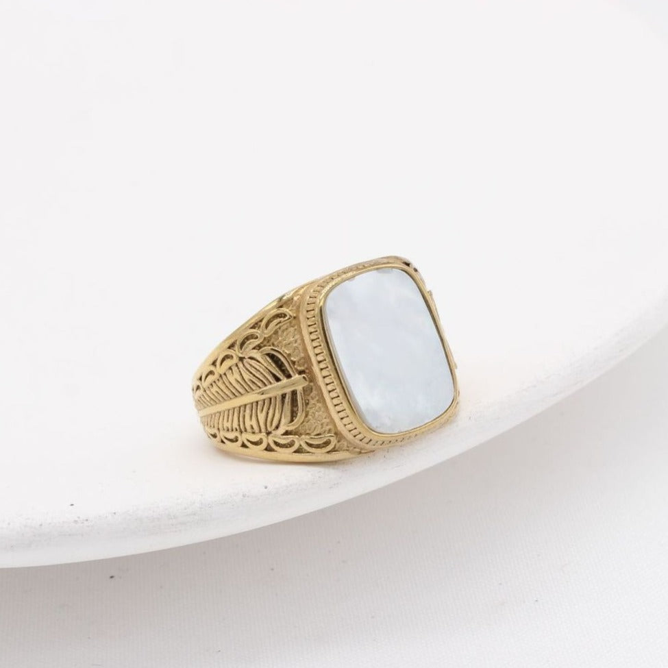 Kemstone Shell Signet Ring for Men Titanium Steel Feather Engraved R1207
