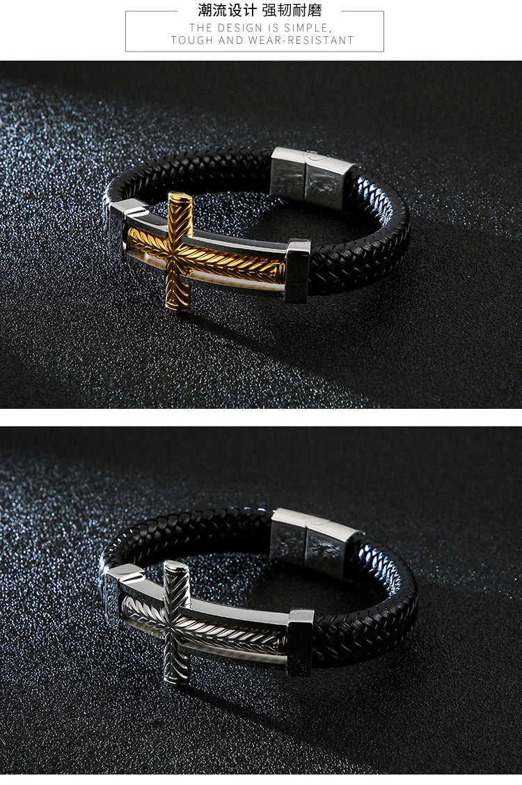 Kemstone Cross Leather Bracelet for Men Titanium Steel Braided Black Cord Design KB130233-KFC