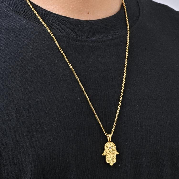 Kemstone Hand Pendant Necklace Gold Plated Stainless Steel Star Symbol Cubic Zirconia for Men Women PN-2337