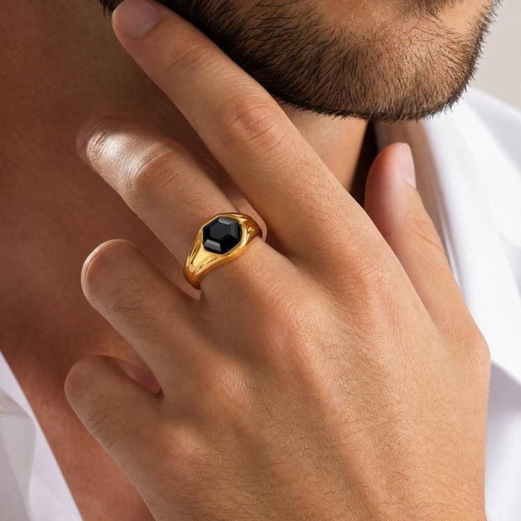 Kemstone Stainless Steel Hexagon Black Zircon Ring for Men RC-985