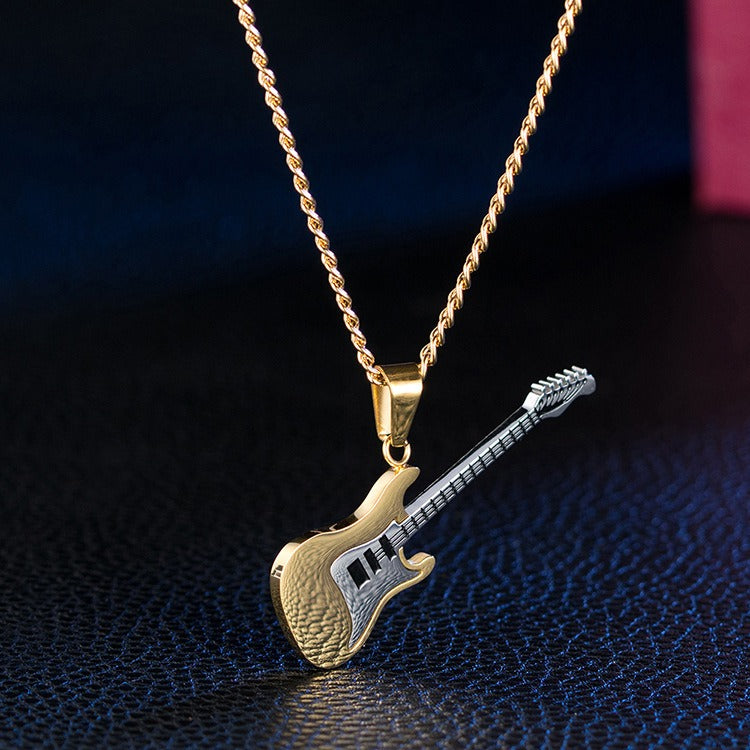 Kemstone Stainless Steel Electric Guitar Pendant Necklace for Men – 60cm Chain, Silver Gold Black K-PT147