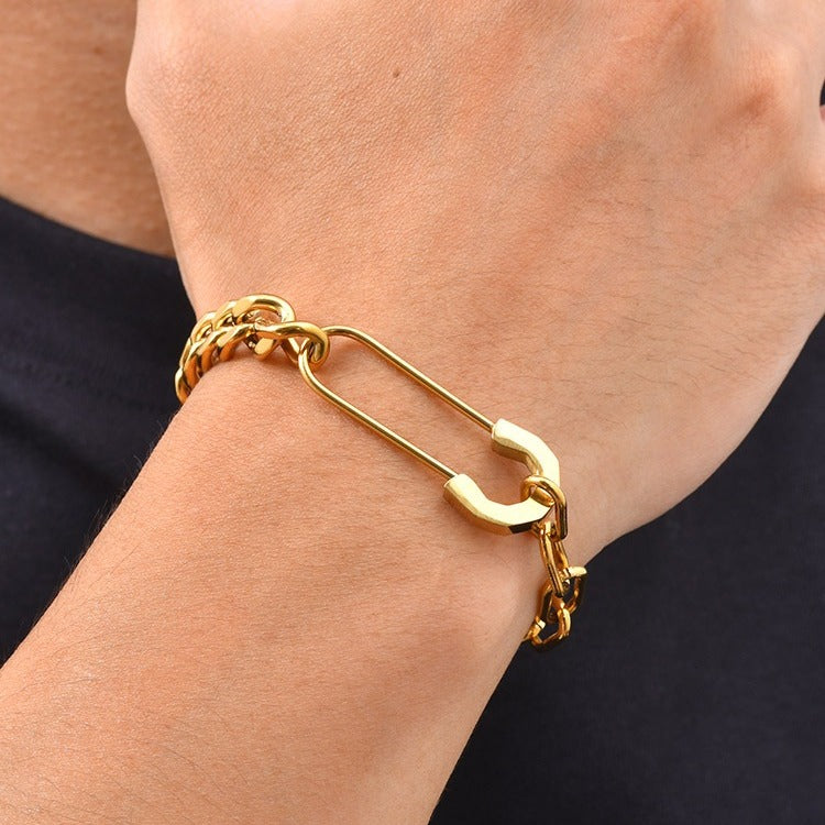 Kemstone Safety Pin Chain Bracelet for Men Stainless Steel Punk Streetwear BR-1068