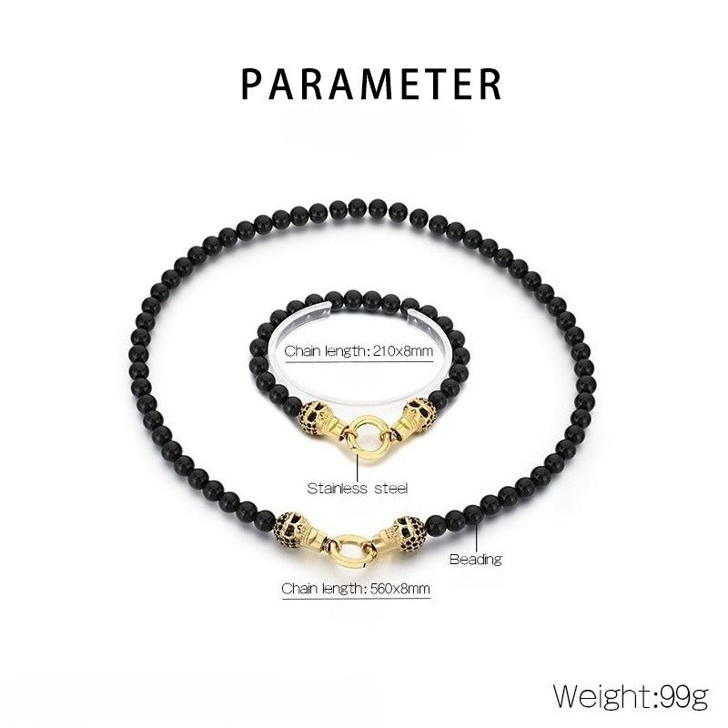 Kemstone Black Onyx Skull Bead Bracelet & Necklace – Titanium Steel with Cubic Zirconia Detail for Men B81841-BD