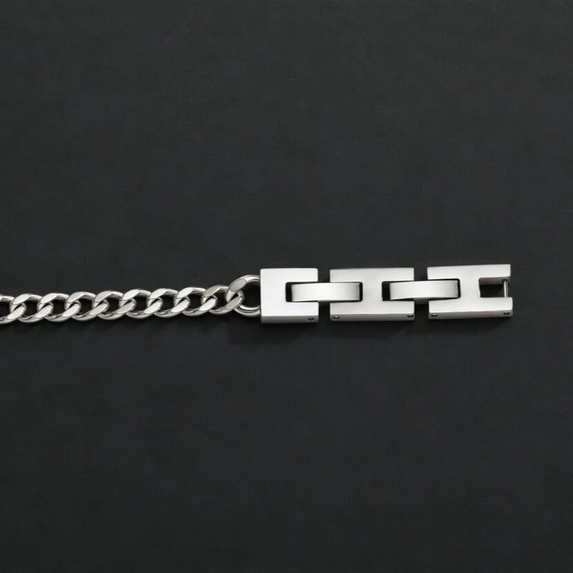 Kemstone Stainless Steel Compass Cuban Link Bracelet for Men Double H Clasp Silver BR-2210