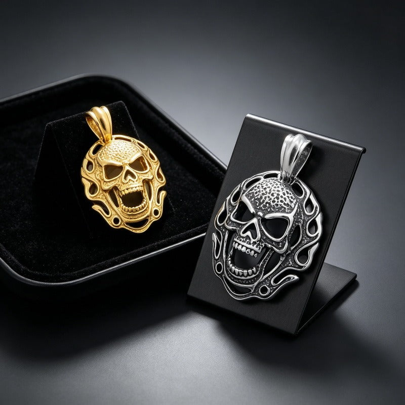 Kemstone Stainless Steel Flame Skull Pendant Necklace for Men Medallion KP118157-KJX