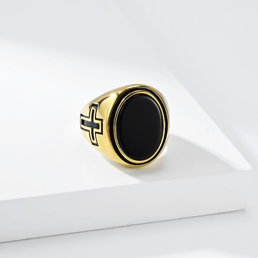 Kemston Oval Stone Signet Ring for Men Stainless Steel Engraved Cross K-R1202