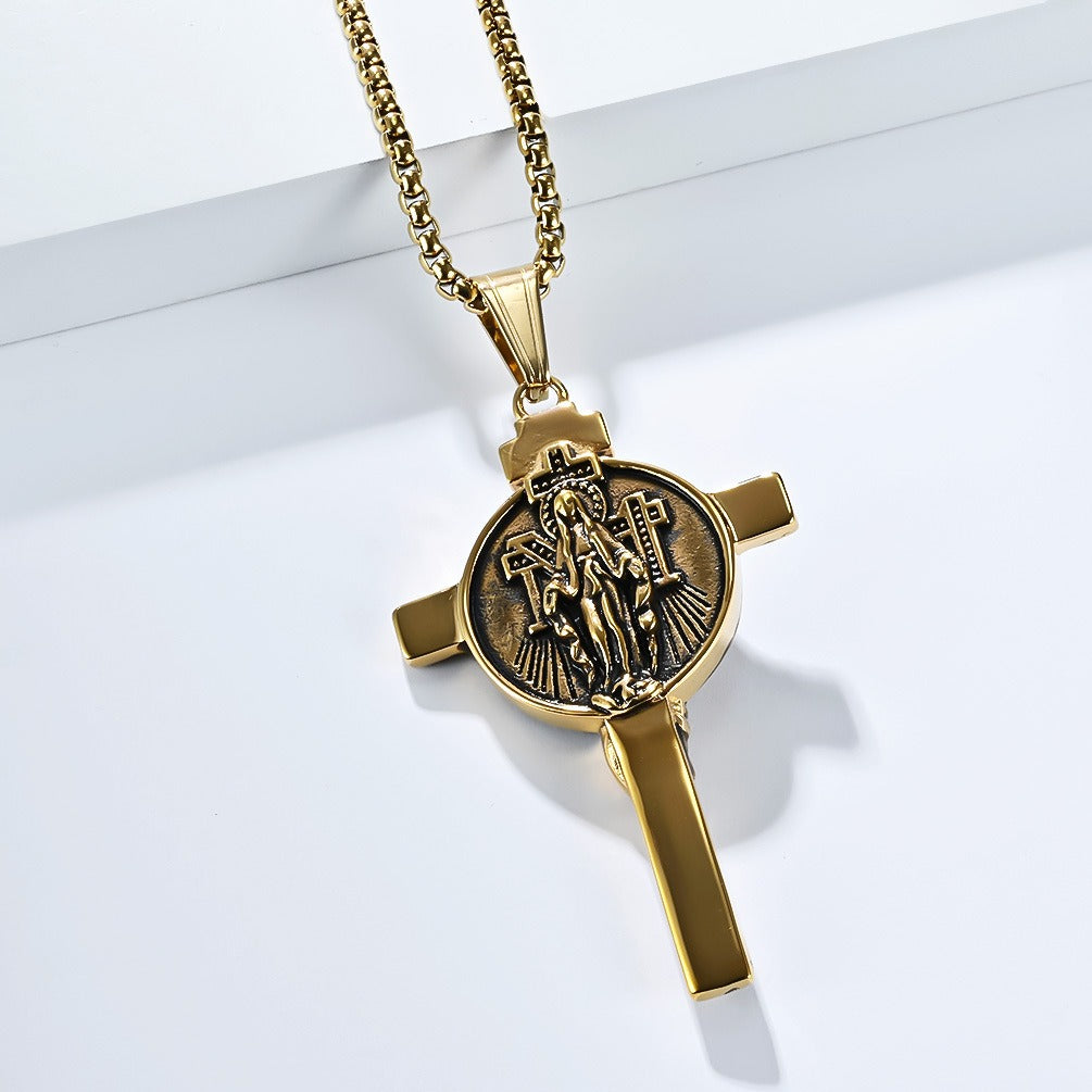 Kemstone Men’s Titanium Steel Cross Necklace – Vintage Relief Pendant K-PT641