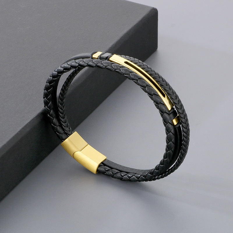 Kemstone Layered Braided Black Leather Bracelet for Men Titanium Steel Accent KB180741-JR