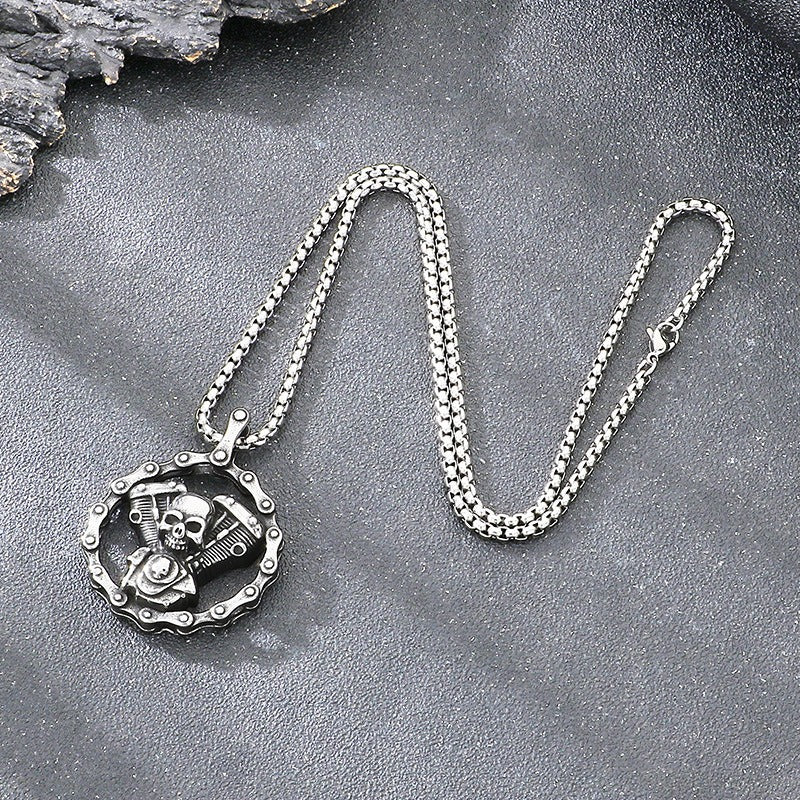 Kemstone Skull Pendant Necklace Stainless Steel Biker Mechanical Engine Design for Men KP117023-LU