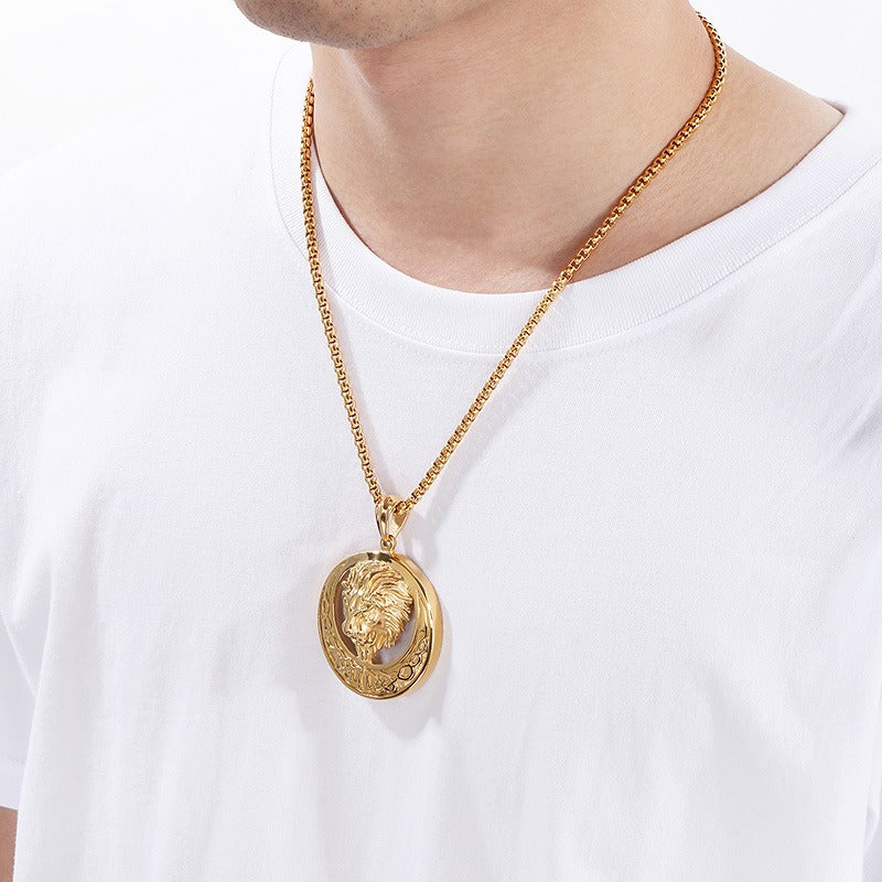 Kemstone Titanium Steel Lion Head Pendant Necklace for Men – Celtic Round Design KP33338-D