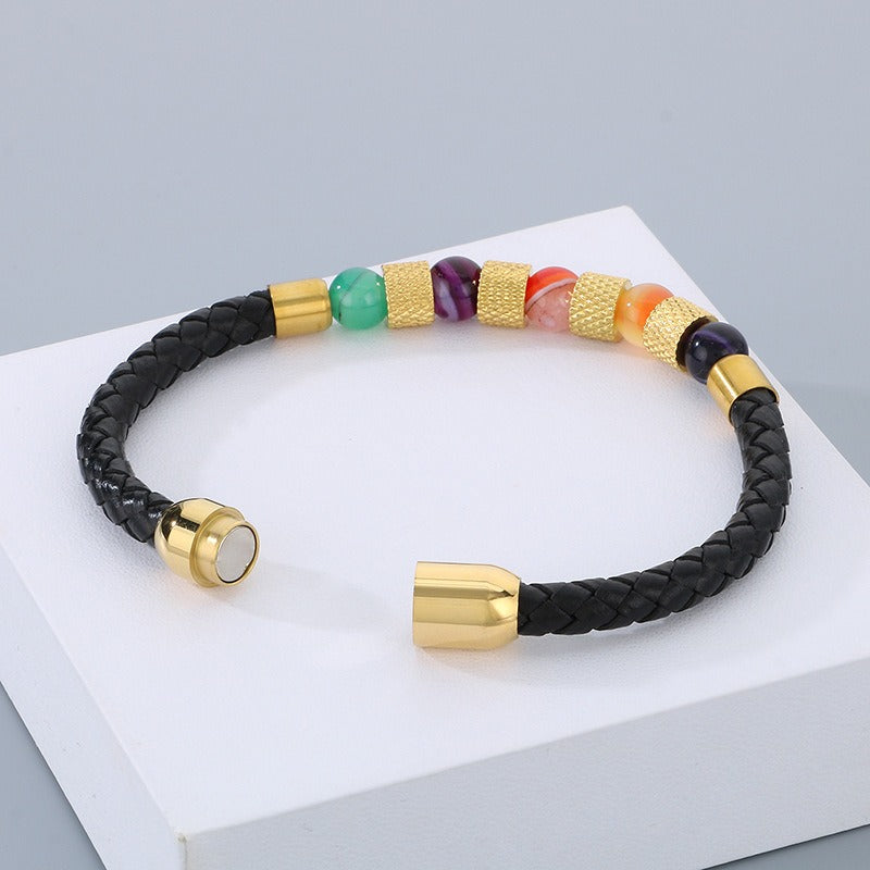 Kemstone Braided Faux Leather Quartz Bead Bracelet for Men KB179957-YA