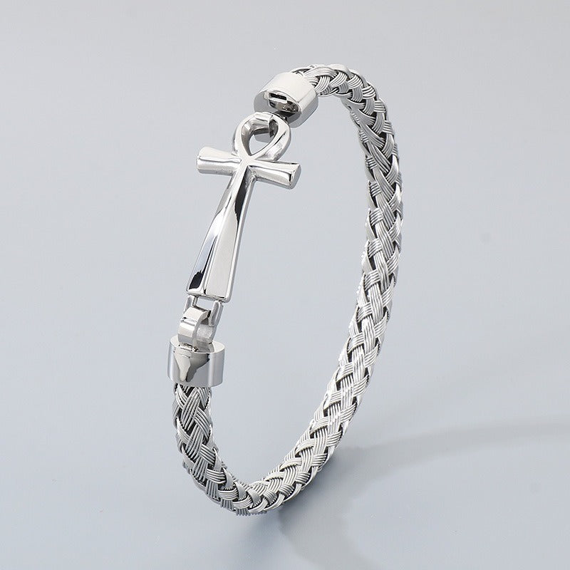 Kemstone Titanium Steel Braided Cuff Bracelet for Men Ankh Cross Clasp Gold Silver KB212793-KFC