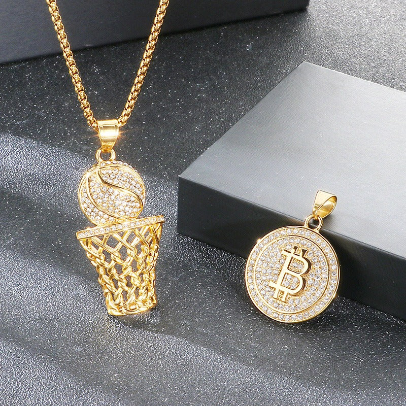 Kemstone Basketball Hoop Coin Pendant Necklace for Men – Rhinestone Titanium Steel Hip Hop Style KP117911-MZOZ