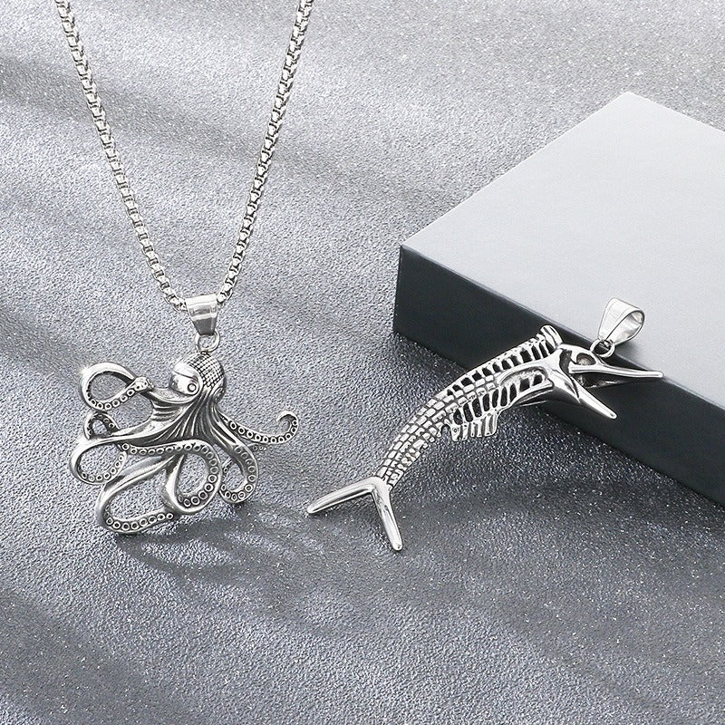 Kemstone Titanium Steel Octopus Fish Bone Pendant Necklace for Men Punk Ocean Animal Vintage Oxidized Silver KP117754-LU
