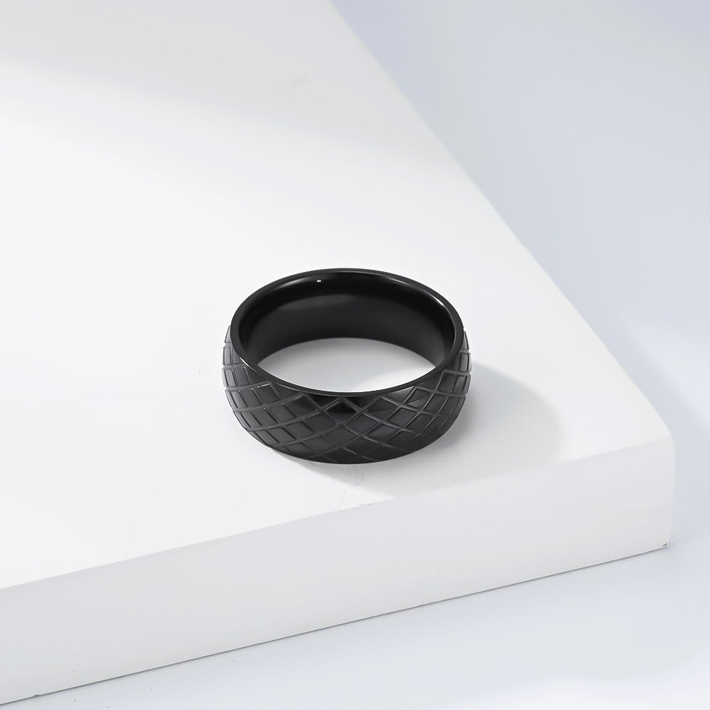 Kemstone Stainless Steel Geometric Grid Ring for Men 8mm Vintage Textured Pattern K-R1183