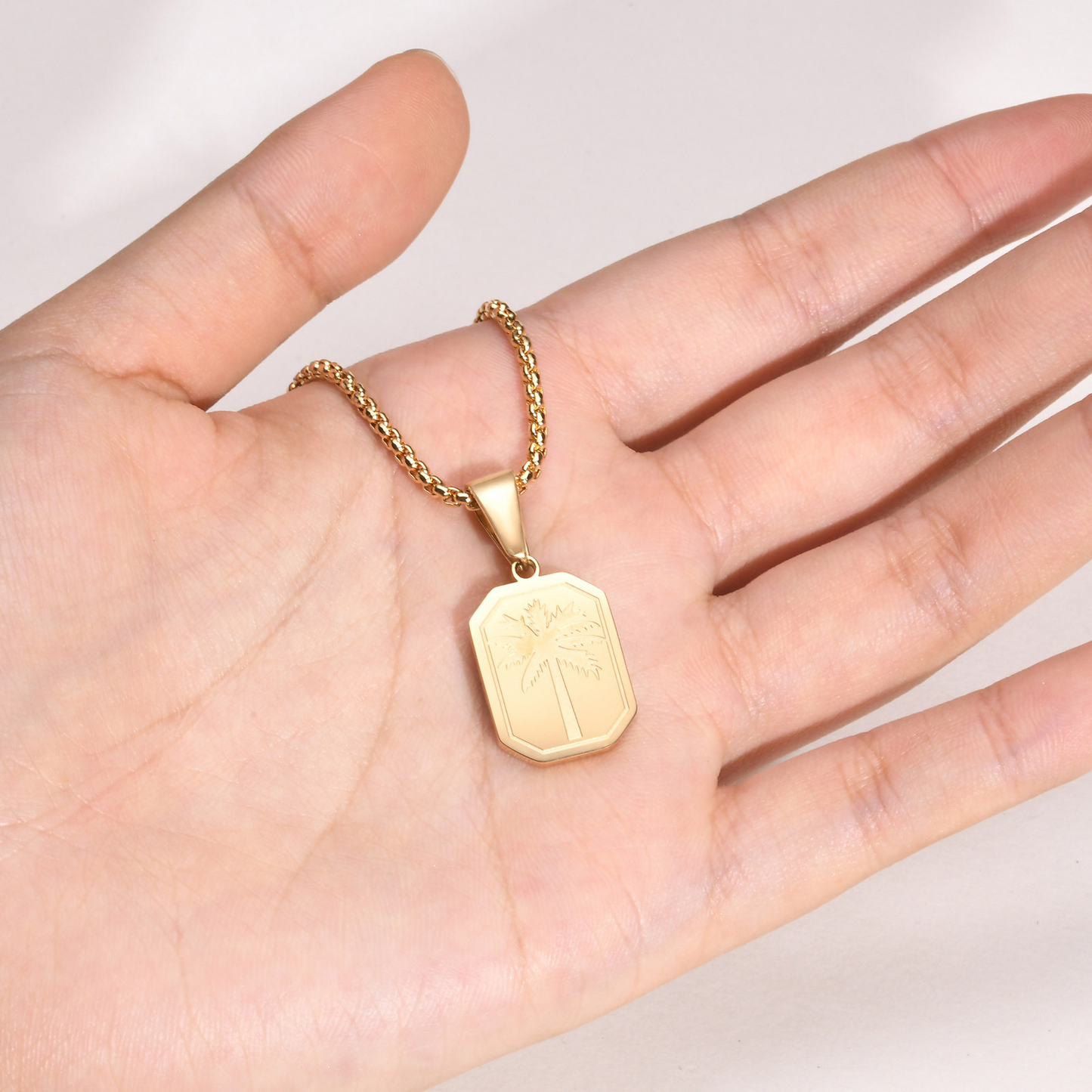 Kemstone Stainless Steel Palm Tree Pendant Necklace – Etched Rectangle Tag, Gold Silver PN-1990
