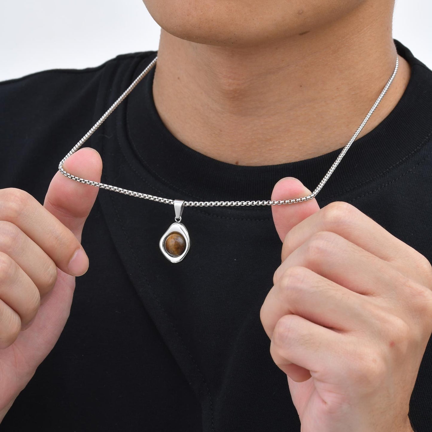 Kemstone Men’s Stainless Steel Pendant Necklace – Irregular Tiger Eye Onyx PN-2189