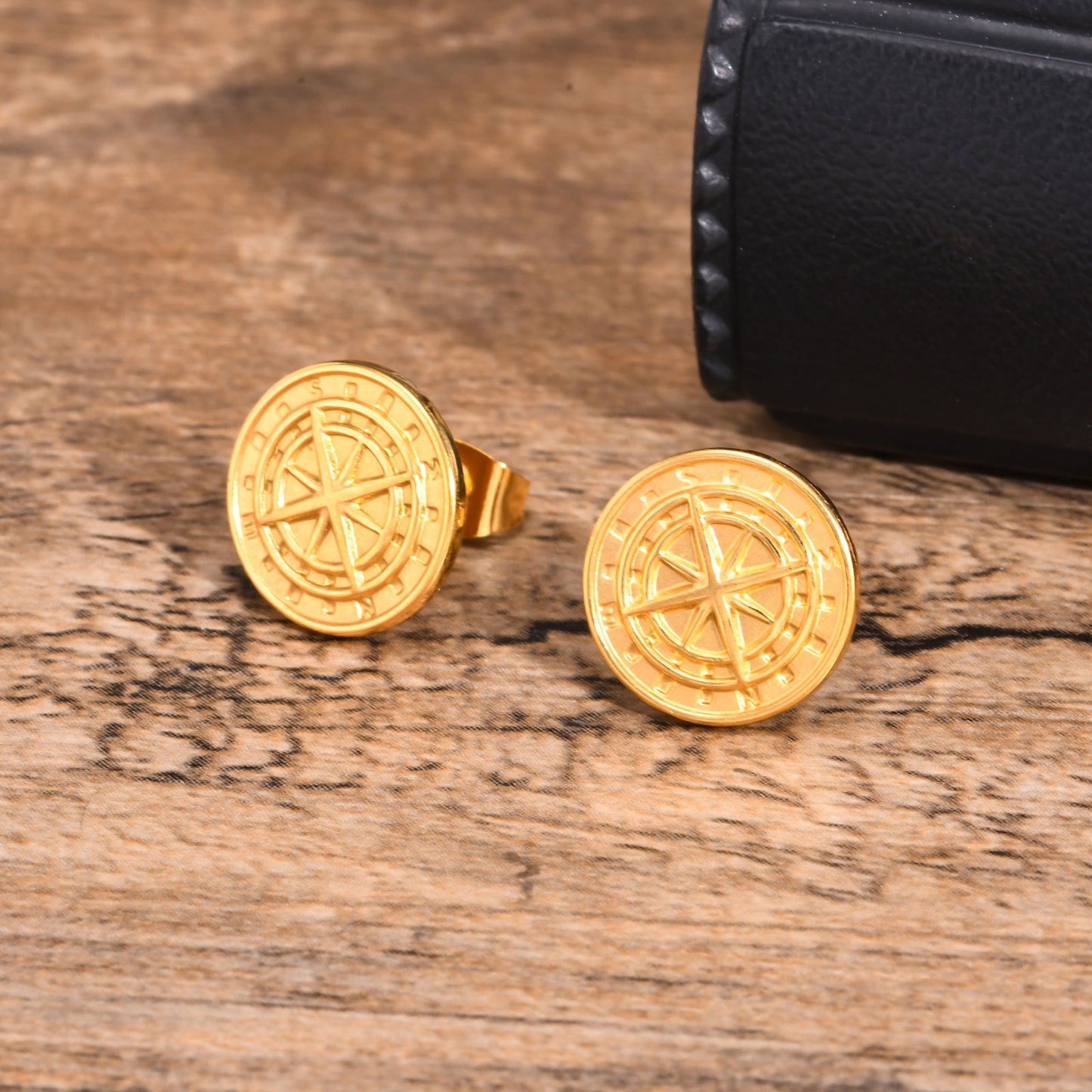 Kemstone Men’s Stainless Steel Compass Stud Earrings – Vintage Hip Hop Gold Silver Black ES-505