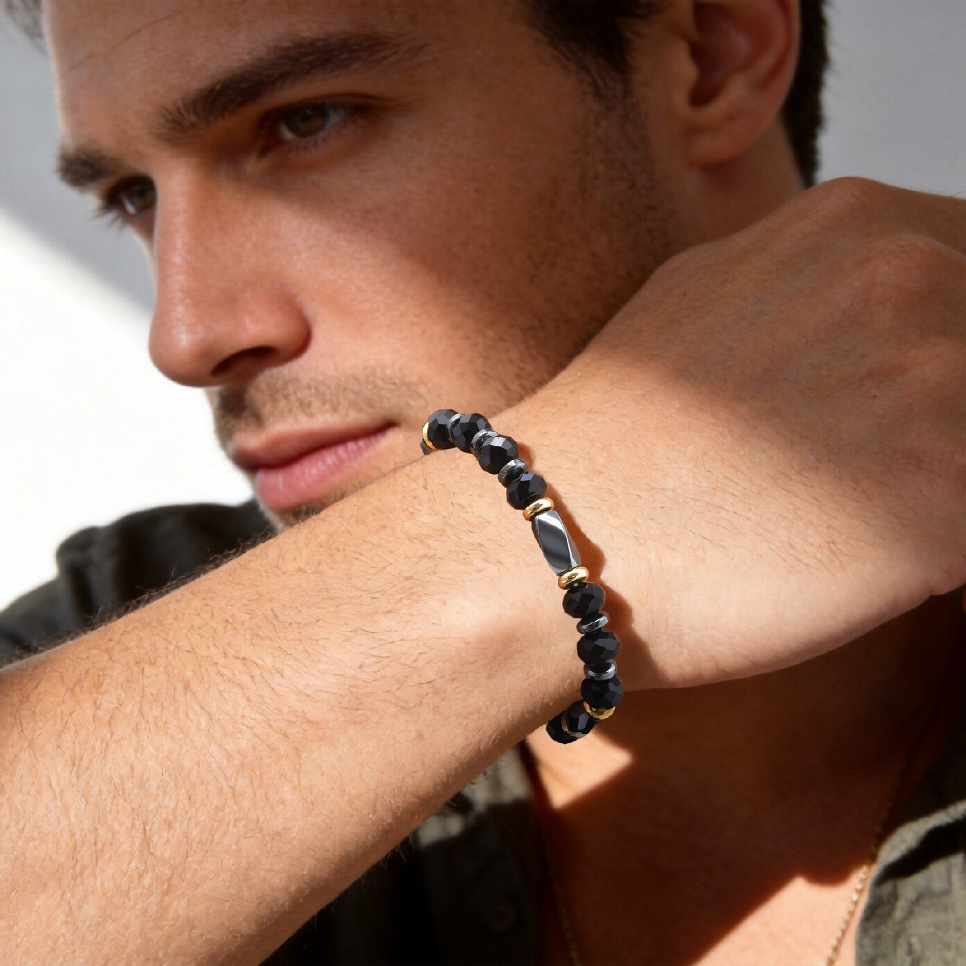 Kemstone Mixed Black Beaded Bracelet for Men Stainless Steel Spacer Stretch Chain BR-3143