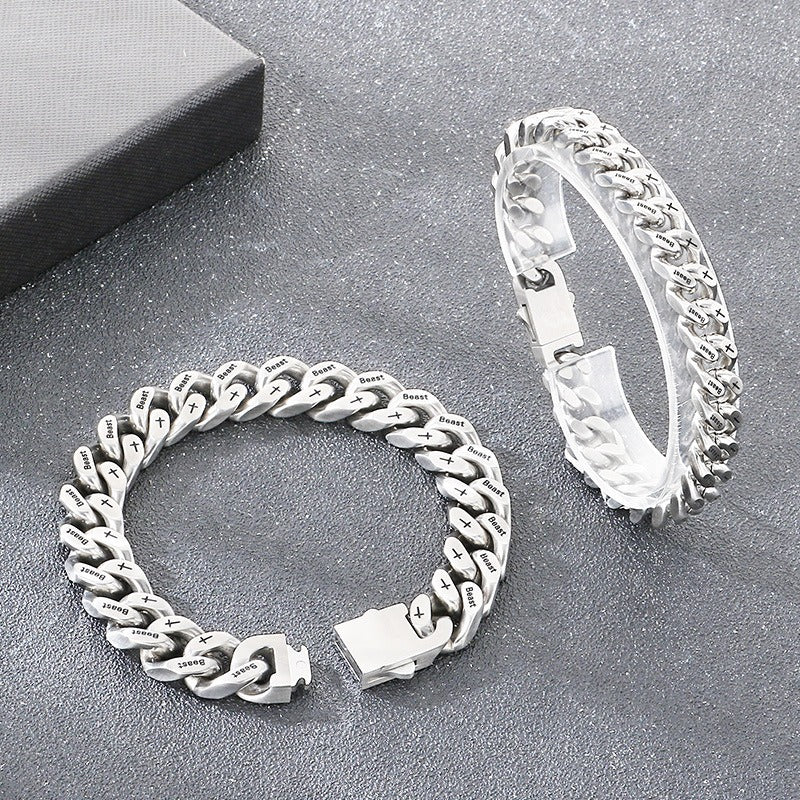 Kemstone Cuban Link Bracelet for Men Titanium Steel Cross Engraved Wide Chain Heavy Chunky Silver KB211839-ZCG