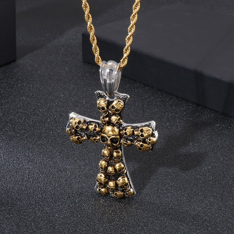 Kemstone Gothic Skull Cross Necklace – Matte Black Punk Pendant for Men KP55728-B