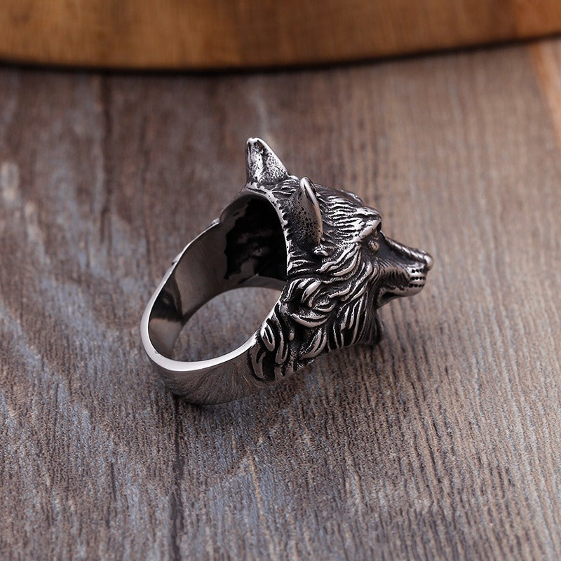 Kemstone Vintage Viking Wolf Head Titanium Steel Ring & Double Wolf Head Chain Bracelet Set - Punk Celtic Knot Adventure Jewelry for Men 	KR48275