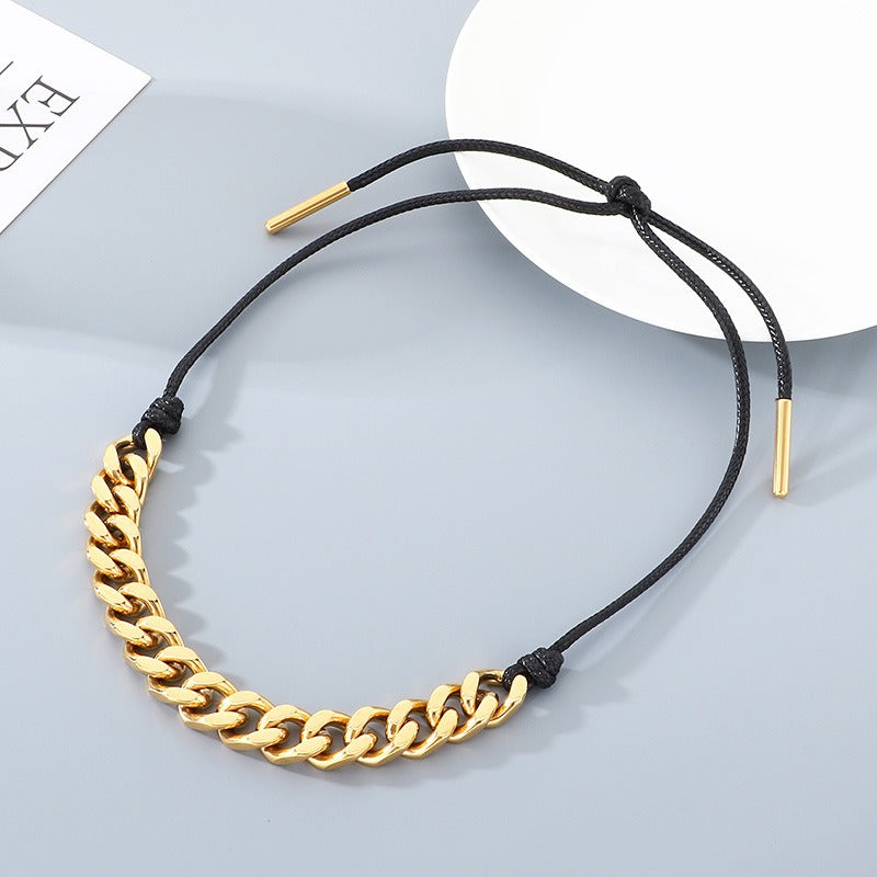 Kemstone Titanium Steel Cuban Link Necklace for Men,Black Wax Cord Western Style Gold Silver KN290590-Z