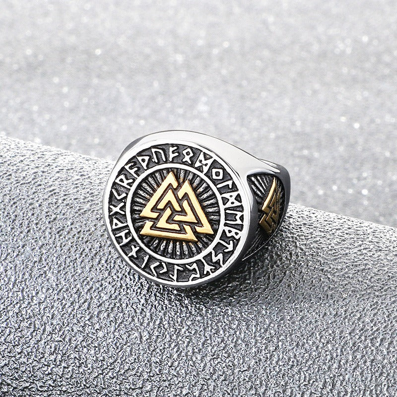 Kemstone Viking Rune Signet Ring for Men Titanium Steel Compass Celtic Knot Wide Band Silver Gold KR114478-MZOZ