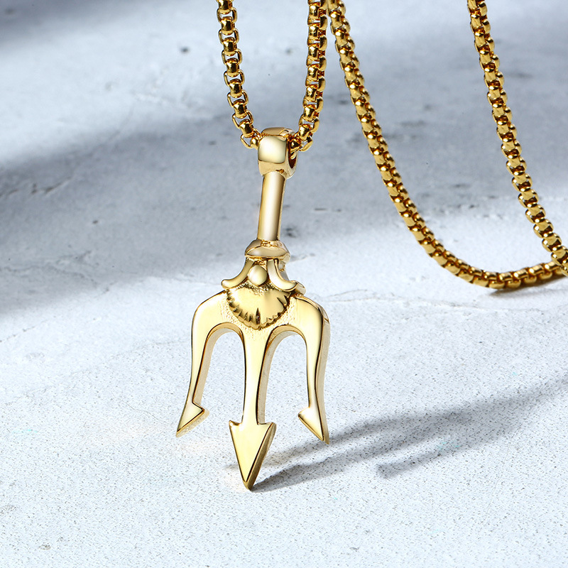Kemstone Trident Pendant Necklace for Men Stainless Steel Vertical Symbol Gold Silver Black PN-1176