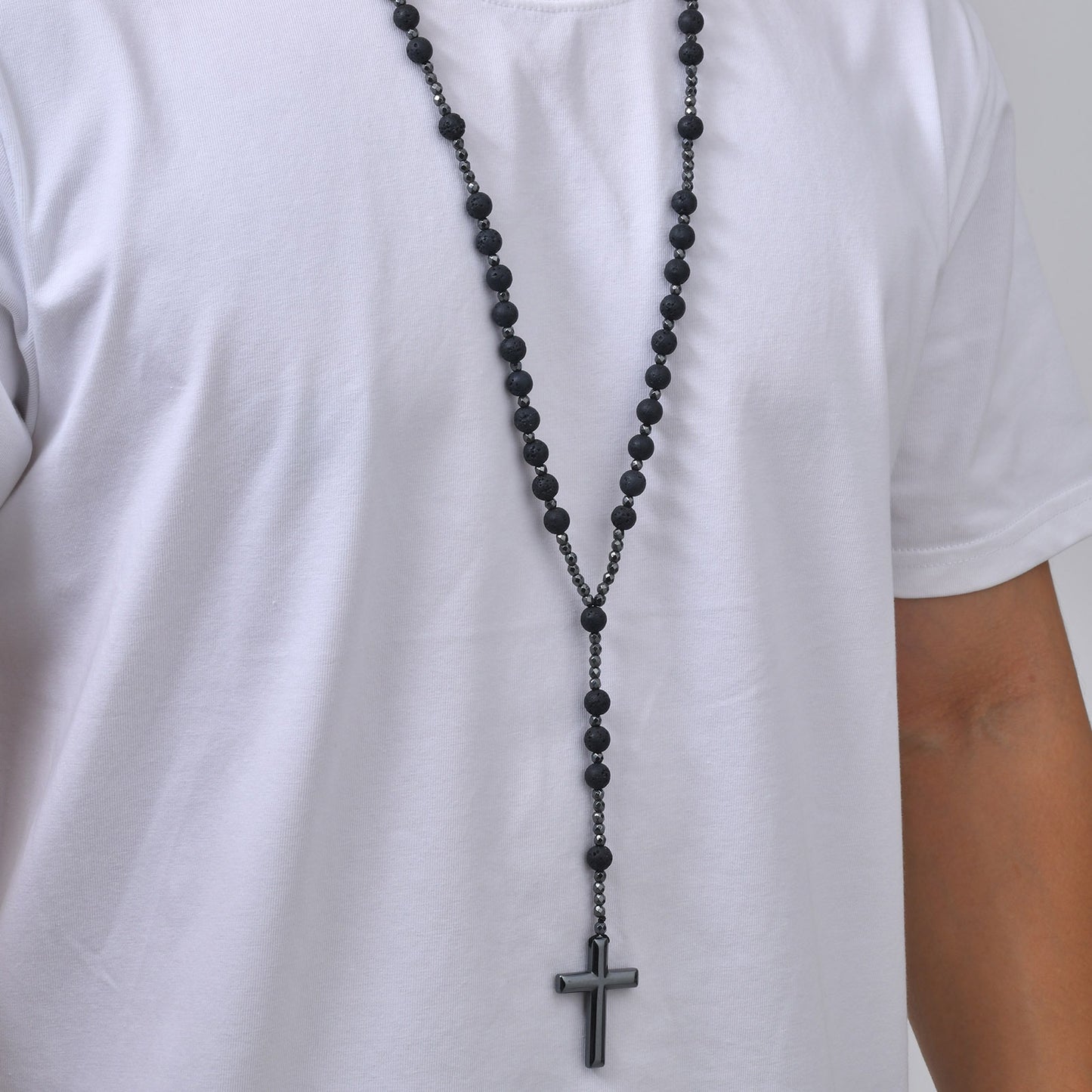 Kemstone Tiger Eye Beaded Cross Necklace for Men Lava Stone Stainless Steel Pendant NC-3017